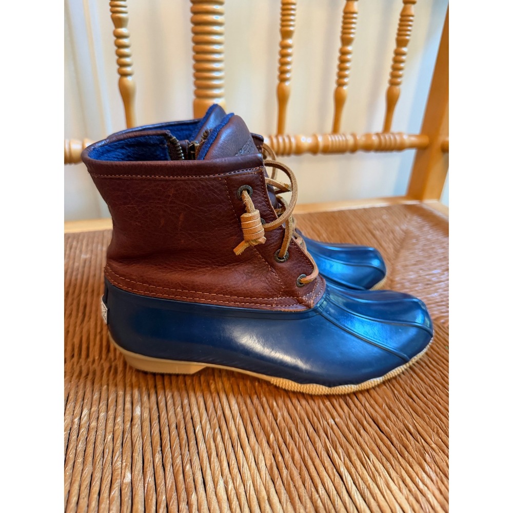 Sperry Saltwater Duck Boots Womens 7 Navy Blue Brown Leather Waterproof